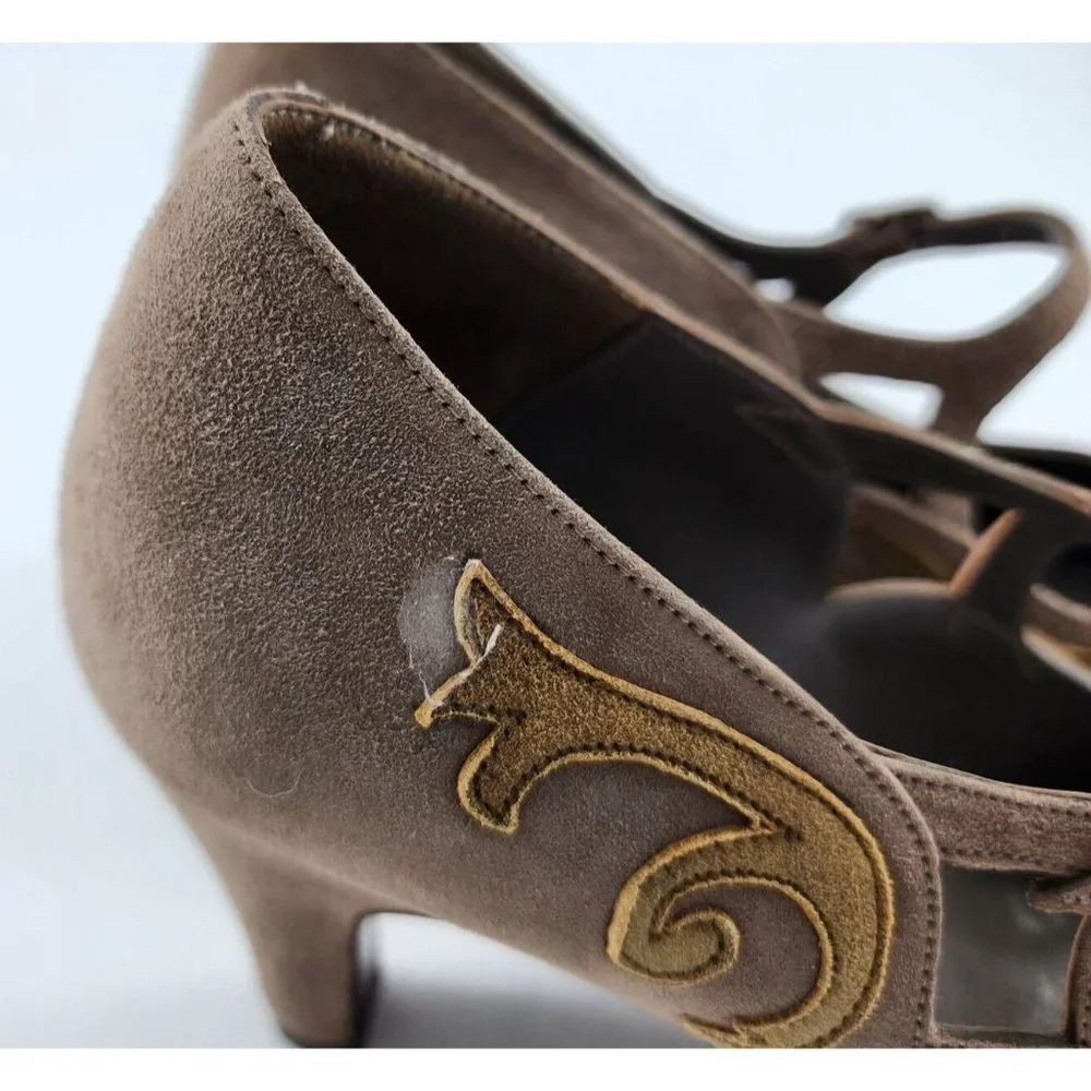 Lulu Guinness Women's Leather Slip On Mary Jane Pump Heels Tan Suede EUR 38 US 7